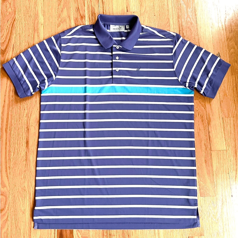 Ashworth Golf polo Shirt in teal and purple stripes men's L